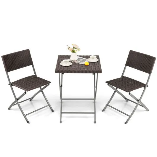 3 Pieces Patio Bistro Set with Folding Wicker Chairs and Table-Brown