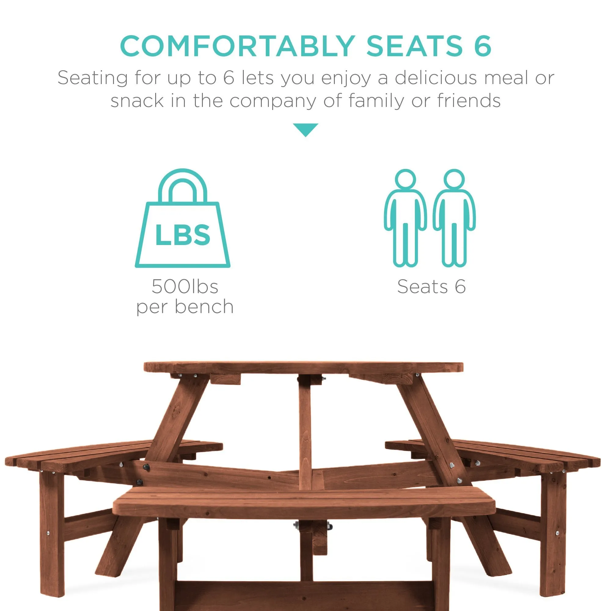 6-Person Circular Wooden Picnic Table w/ Umbrella Hole, 3 Benches