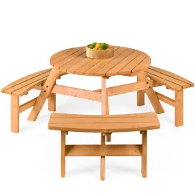 6-Person Circular Wooden Picnic Table w/ Umbrella Hole, 3 Benches