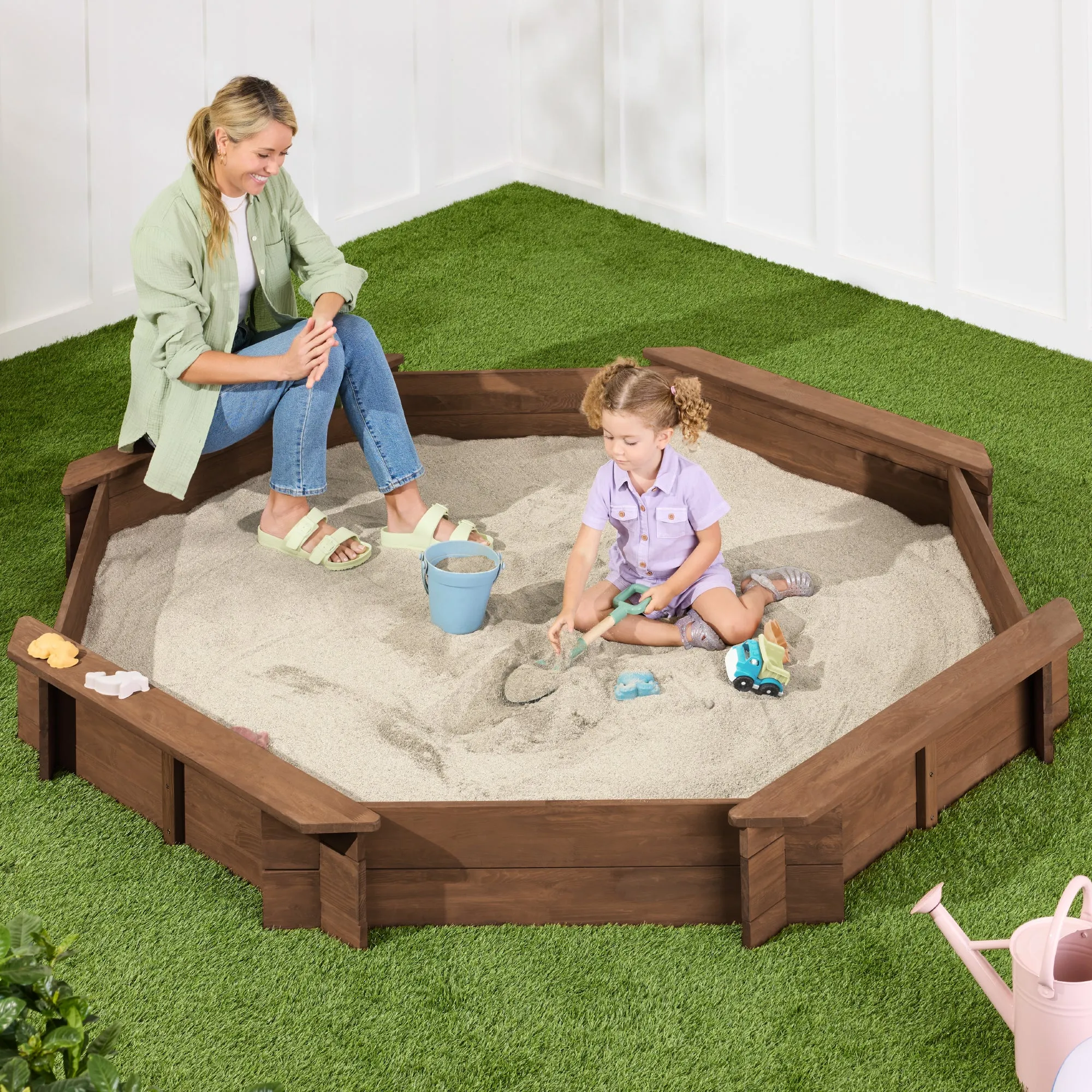 Kid's Wooden Octagonal Sandbox w/ Sand Cover, 4 Reinforced Benches, 8 Seats