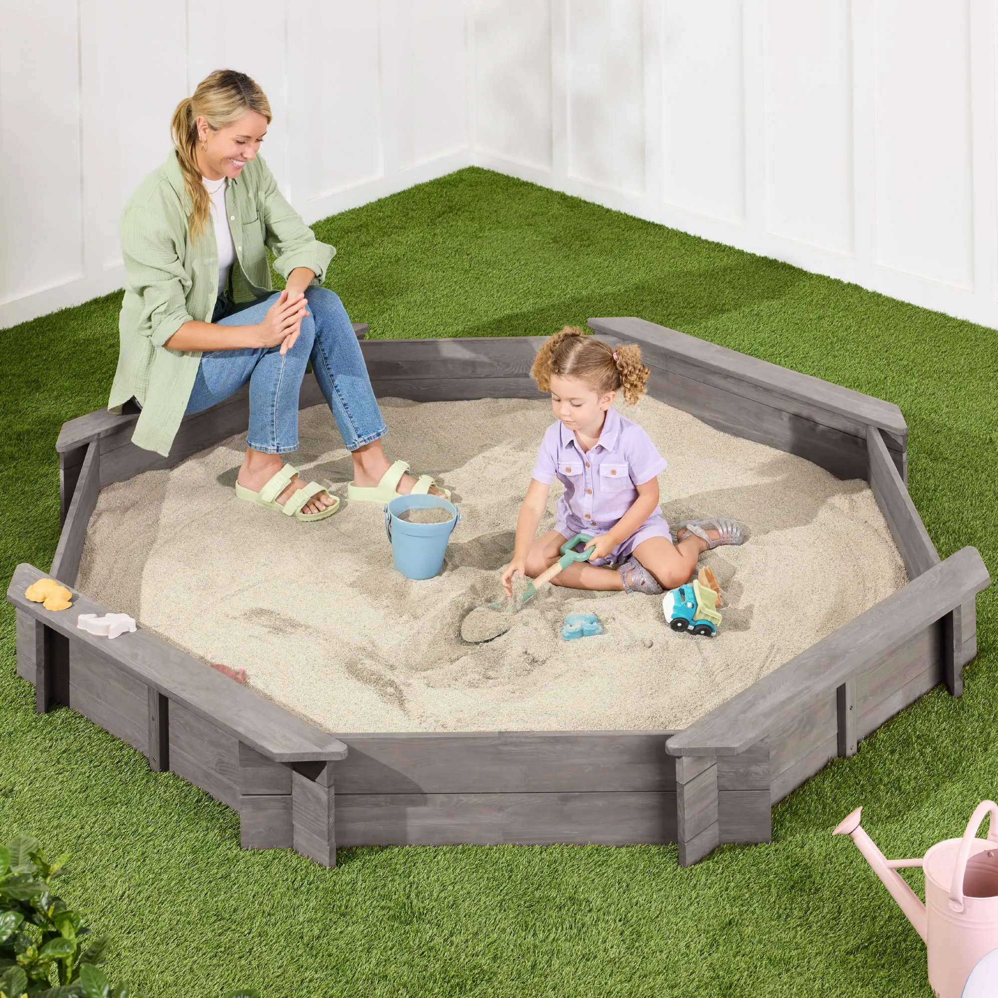 Kid's Wooden Octagonal Sandbox w/ Sand Cover, 4 Reinforced Benches, 8 Seats