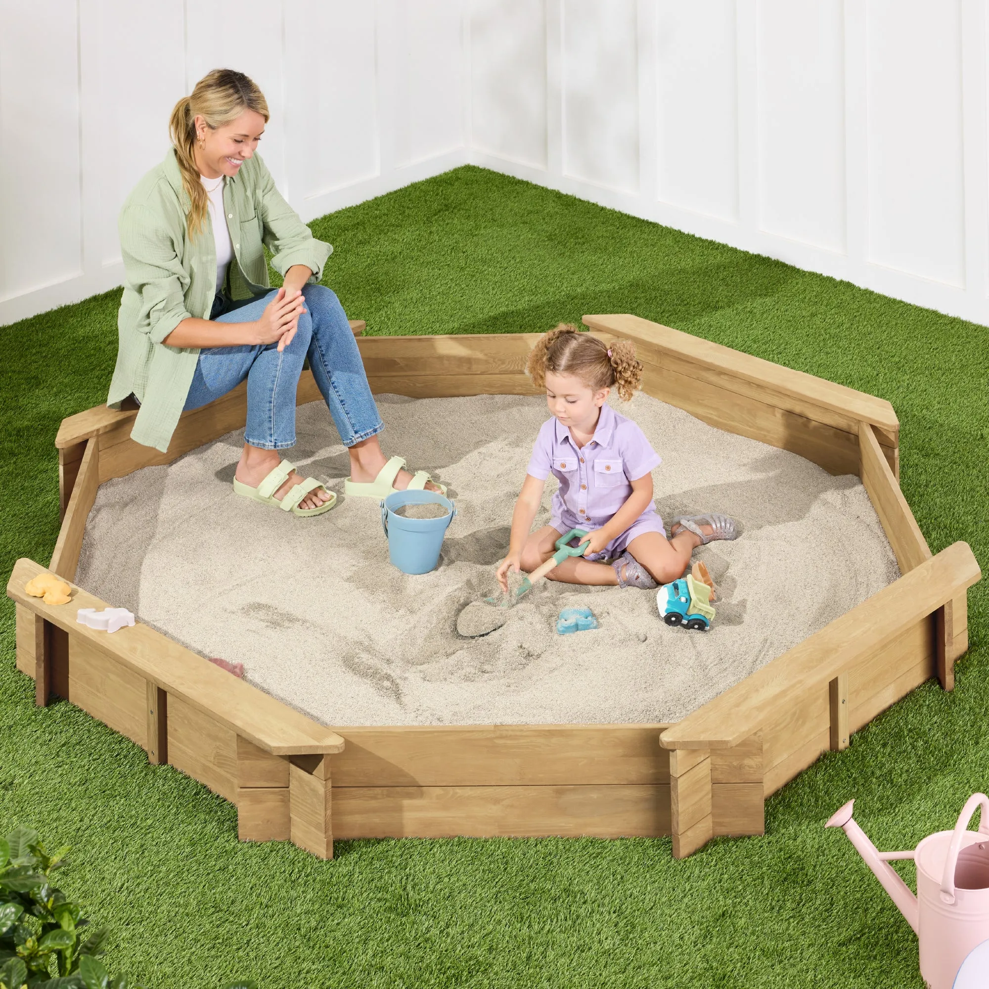 Kid's Wooden Octagonal Sandbox w/ Sand Cover, 4 Reinforced Benches, 8 Seats