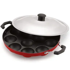 Magnus Non Stick 12 Cavities Appam Patra/Paniyarrakal/Paniyaram/Appam Pan Cake Maker/gunta ponganalu with Lid 24 cm, Black, Gas Top Compatible Only, Medium